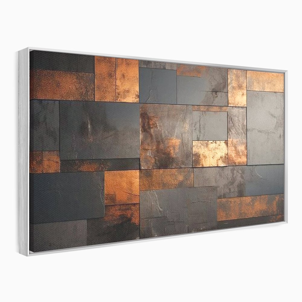Tablou canvas cu tablou canvas cu placi geometrice metalice, in rama de aluminiu argintiu